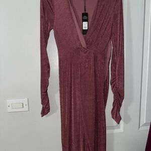 Fashion Nova Deep V-Neck Long Sleeve Dress in Burgundy